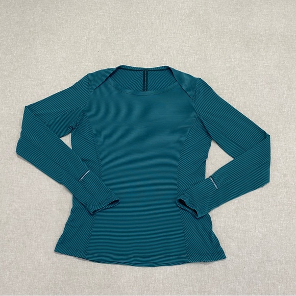 Lululemon Kanto Catch Me Long Sleeve Shirt Sz 10 Green Mini Pop Stripe Running - Picture 2 of 15